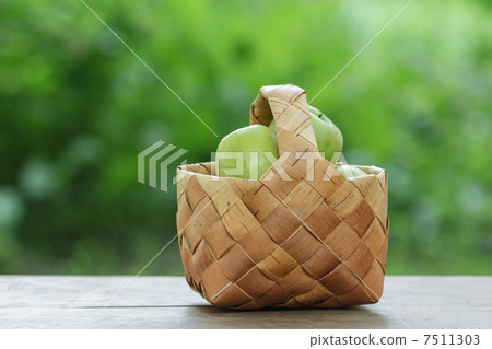 green apples in a birchbark basket green apples in a birchbark basket 7511303