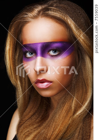 Fantasy. Coloring. Trendy Woman with Shiny Colorful Makeup. Faceart 7559039