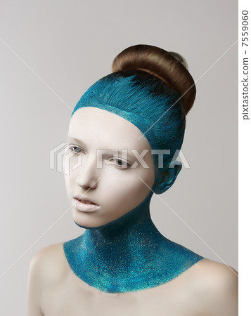 Expression. Fantasy. Eccentric Woman with Blue Painted Skin and Hair. Coloring 7559060