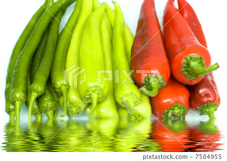 fresh peppers red green and yellow reflection in the water 7584955