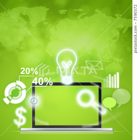 Opened laptop with icons of different functions flying around Opened laptop with icons of different functions flying around 7590372