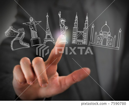 Closeup of female finger touching virtual symbol of famous touri 7590780