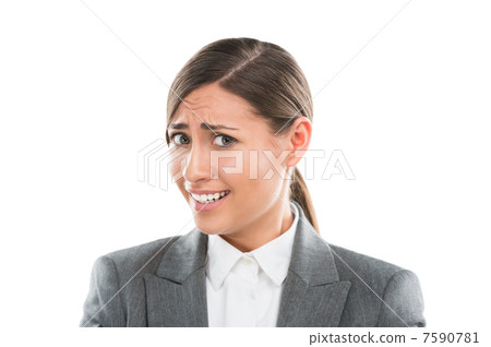 Portrait of shocked and confused business woman on white backgro 7590781
