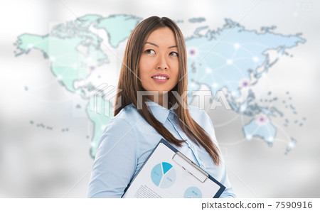 Asian business woman holding reports and smiling against world m Asian business woman holding reports and smiling against world m 7590916