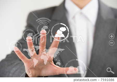 Business woman pointing her fingers on virtual web interface ico Business woman pointing her fingers on virtual web interface ico 7591086