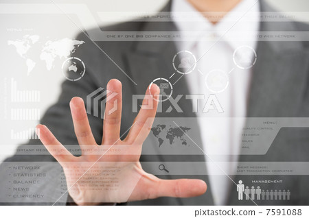 Businesswoman touching social network icons on virtual display Businesswoman touching social network icons on virtual display 7591088