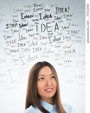 Idea concept. Young business woman with idea signs in front Idea concept. Young business woman with idea signs in front 7591094