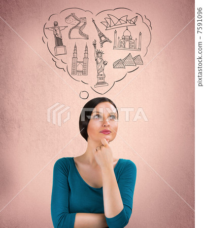 Young pretty woman dreaming about her vacation. Famous touristic Young pretty woman dreaming about her vacation. Famous touristic 7591096