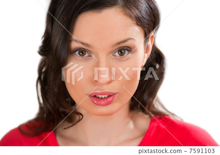 Closeup portrait of charming woman looking at camera with her cu Closeup portrait of charming woman looking at camera with her cu 7591103