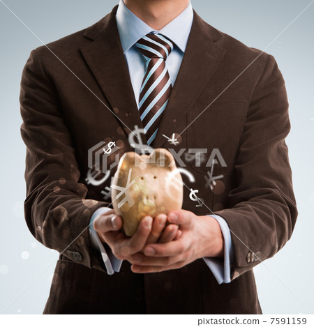 Business man holding piggy bank, currency symbols flying around Business man holding piggy bank, currency symbols flying around 7591159