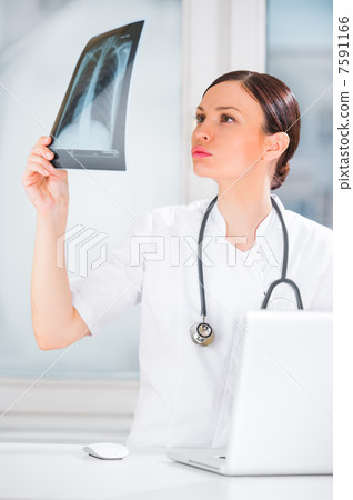 Portrait of a female doctor holding chest xray results and using Portrait of a female doctor holding chest xray results and using 7591166