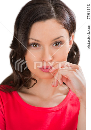 Closeup portrait of charming woman looking at camera with her cu Closeup portrait of charming woman looking at camera with her cu 7591168