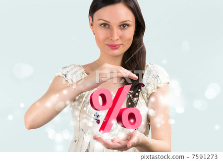 Portrait of young girl holding discount symbol in her arms Portrait of young girl holding discount symbol in her arms 7591273