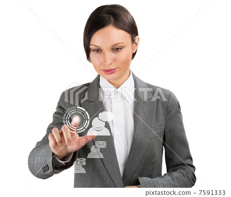 Business woman pointing her fingers on virtual web interface ico Business woman pointing her fingers on virtual web interface ico 7591333
