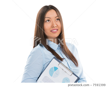 Asian business woman holding reports and smiling. Copy space Asian business woman holding reports and smiling. Copy space 7591399