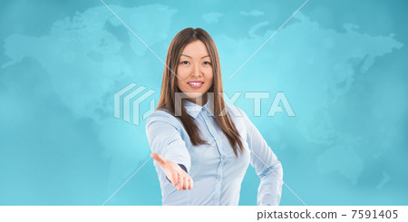 Portrait of lovely business woman offering handshake over world Portrait of lovely business woman offering handshake over world 7591405