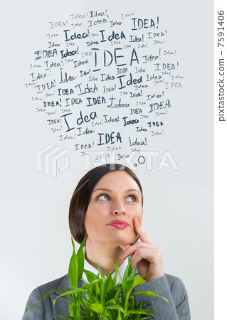 Idea concept. Young business woman with idea signs overhead Idea concept. Young business woman with idea signs overhead 7591406