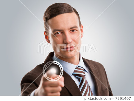 Business man pushing virtual button on touch screen Business man pushing virtual button on touch screen 7591407