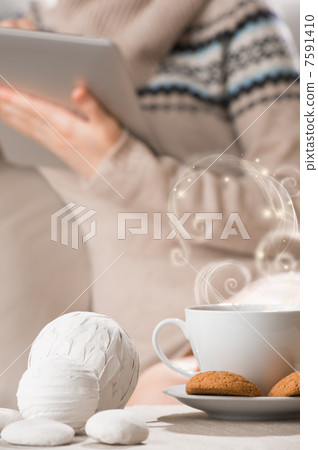 Cup of hot beverage tea or coffee with oat cookies and a lot of Cup of hot beverage tea or coffee with oat cookies and a lot of 7591410