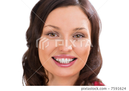 Closeup portrait of charming woman wearing orthodontic ceramic w Closeup portrait of charming woman wearing orthodontic ceramic w 7591624
