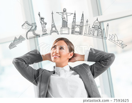 Young pretty business woman dreaming about vacation and her trip 7591625