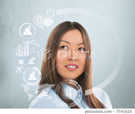 Technology concept. Businesswoman and virtual interface with web Technology concept. Businesswoman and virtual interface with web 7591628