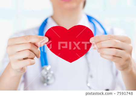Female doctor with stethoscope holding red human heart at hospit 7591748