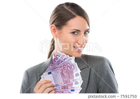 Business Woman holding and showing a lot of five hundred euro ba 7591750