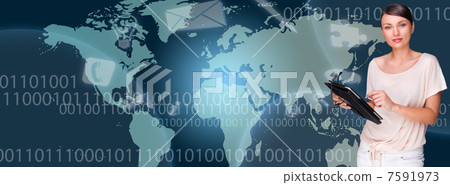 Portrait of young woman standing in fron of big world map and us Portrait of young woman standing in fron of big world map and us 7591973