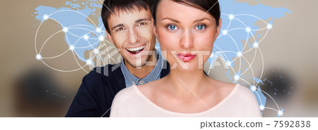 Handsome friendly couple in futuristic interface standing in fro Handsome friendly couple in futuristic interface standing in fro 7592838