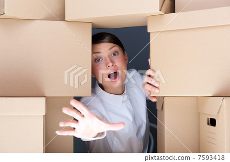 Portrait of young woman surrounded by lots of boxes. Lots of wor 7593418