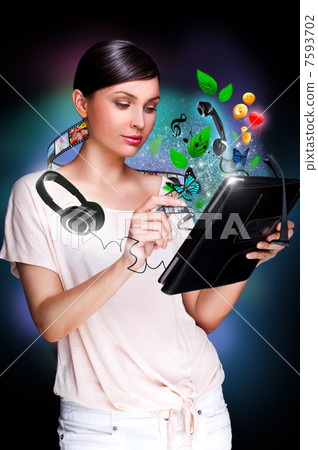 Poster portrait of young beautiful woman holding her universal d Poster portrait of young beautiful woman holding her universal d 7593702