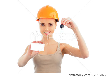 Photo of happy woman construction engineer wearing protective or Photo of happy woman construction engineer wearing protective or 7595072