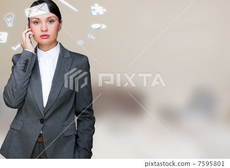 A business woman with icons of her affairs flying around her he 7595801