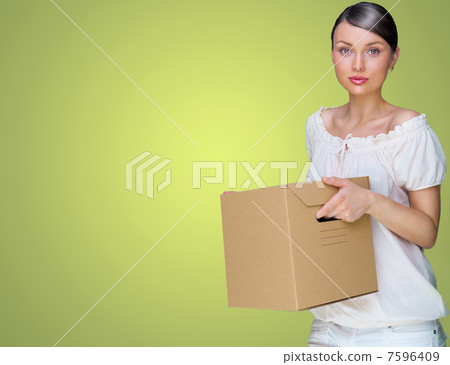 Closeup portrait of a young woman with box Closeup portrait of a young woman with box 7596409