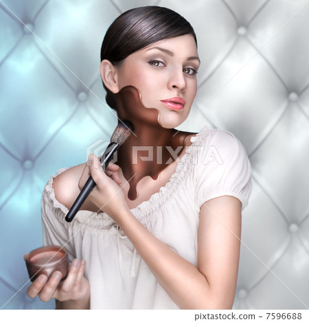 Portrait of attractive young adult woman applying bronzing cream 7596688