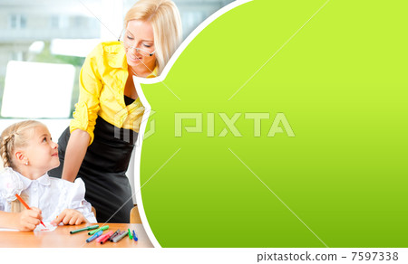 Young pretty teacher helping to her students to make exercise in Young pretty teacher helping to her students to make exercise in 7597338