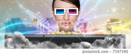 Portrait of young stylish modern woman wearing 3d glasses watchi Portrait of young stylish modern woman wearing 3d glasses watchi 7597390
