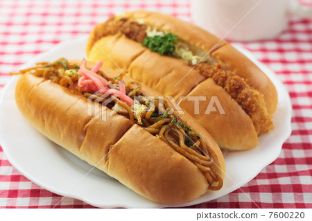 Baked soba pan and croquette bread on the table 7600220