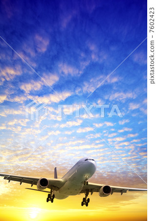 Jet in a sky at sunset time. Vertical shot. Jet in a sky at sunset time. Vertical shot. 7602423