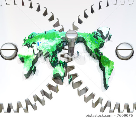 Green world map and stainless steel screw / gear 7609076