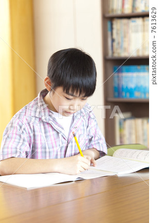 小學男生在圖書館學習 小學男生在圖書館學習 7613629