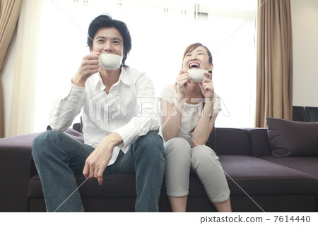 一對夫婦和一對夫婦在沙發上喝咖啡聊天 一對夫婦和一對夫婦在沙發上喝咖啡聊天 7614440