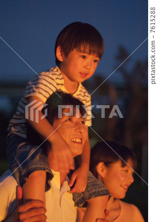 Family looking up at night sky 7615288
