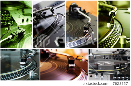 Collage of turntables playing vinyl records Collage of turntables playing vinyl records 7628557
