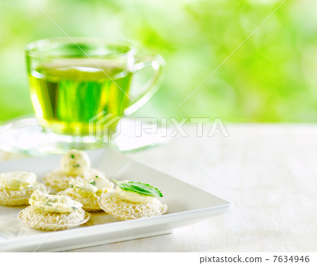 Several canapes and cup of herbal tea. Several canapes and cup of herbal tea. 7634946