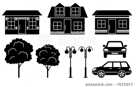 Black icons of houses, trees and machines Black icons of houses, trees and machines 7635057