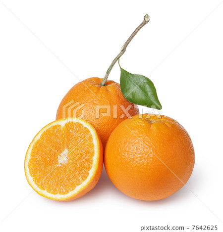 ripe round oranges with half, stem and leaf ripe round oranges with half, stem and leaf 7642625