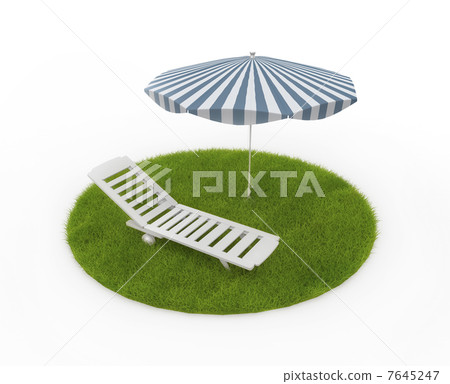Deck chairs with umbrella on grass 7645247