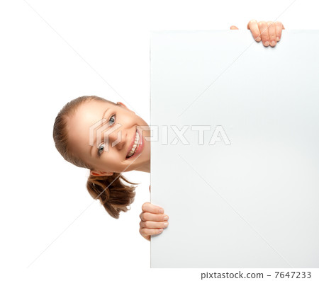 young woman holding a white blank empty billboard isolated 7647233